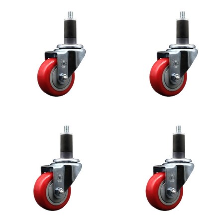 Service Caster 3'' Red Poly Wheel Swivel 1-1/4'' Expanding Stem Caster Set, 4PK SCC-EX20S314-PPUB-RED-114-4